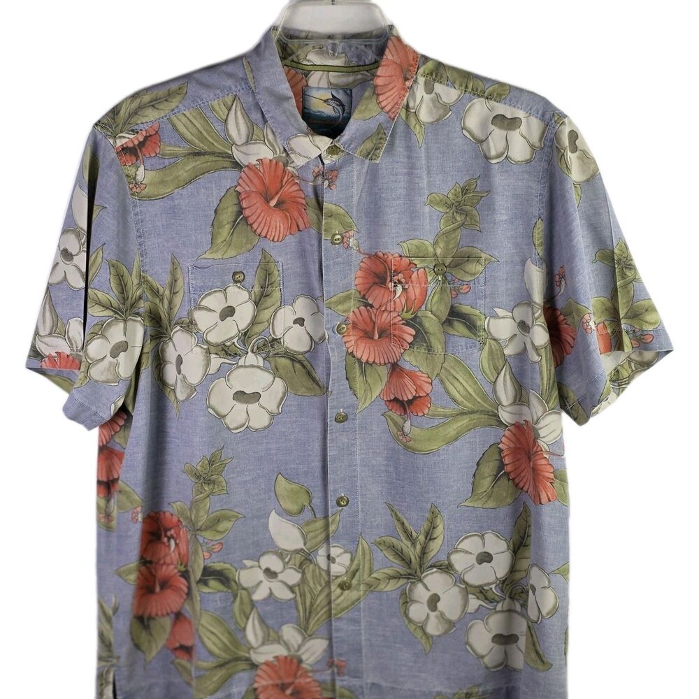 Tommy Bahama Shirt Mens XL Blue Floral Print Vintage Island Modern Fit Silk